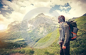 Man Traveler with backpack hiking Travel Lifestyle