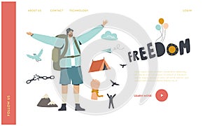 Man Traveler with Backpack Rejoice for Freedom Landing Page Template. Escape, Male Character Leaving Home after Lockdown