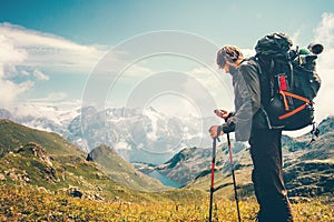 Man Traveler backpacker with gps navigator tracker