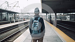 man traveler with backpacker look searching location at trainstation, travel concept