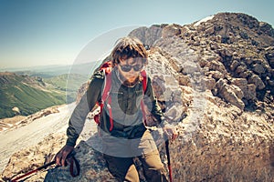 Man Traveler bearded with backpack relaxing