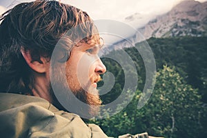 Man Traveler bearded face outdoor Travel Lifestyle