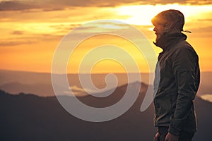 Man Traveler bearded standing alone outdoor