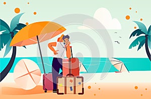 man traveler standing with luggage on tropical beach summer vacation holiday time to travel concept horizontal