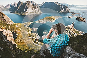 Man traveler taking photo by smartphone Traveling in Norway