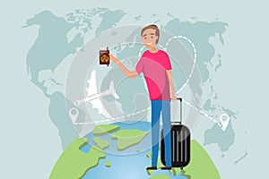 Man traveler travels on planet earth on a plane. A man with a tourist`s suitcase and passport is standing against the backdrop of