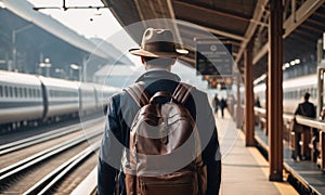 Man traveler walks in a busy train station