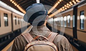 Man traveler walks in a busy train station