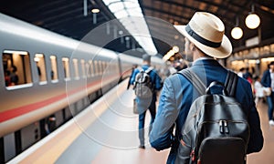 Man traveler walks in a busy train station