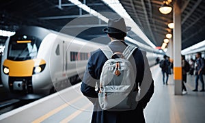 Man traveler walks in a busy train station