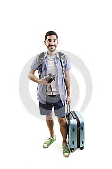Man traveling with luggage and camera