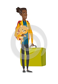 Man traveling with old suitcase and teddy bear.