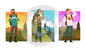 Man Traveller or Explorer with Backpack Standing and Looking Ahead Vector Set