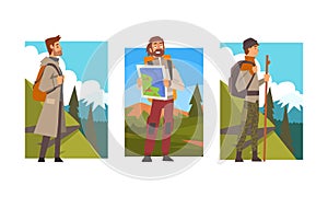 Man Traveller or Explorer with Backpack Standing and Looking Ahead Vector Set