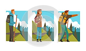 Man Traveller or Explorer with Backpack Standing and Looking Ahead Vector Set