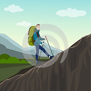 Man traveller standing and hiking on the top of mountain