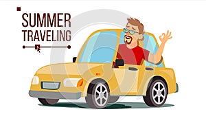 Man Travelling By Car Vector. Boy In Summer Vacation. Rides In The Car. Road Trip. Isolated Flat Cartoon Illustration