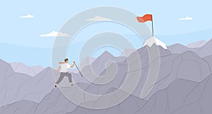 Man travelling through mountain ridge to final destination point. Office worker climbing up cliffs. Concept of business