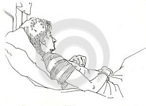 Man travelling in a sleeping-car train graphic