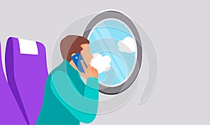 The man travels by plane. The passenger is holding a smartphone. Safe flight concept. Vector illustration of a cartoon character