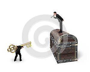 Man on treasure chest command employee carrying pound symbol key