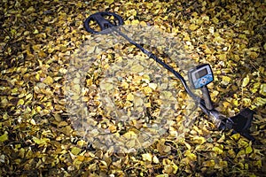 Man on a treasure hunt with a metal detector in the woods on the field