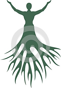 Man with tree roots. Silhouette on a white background.