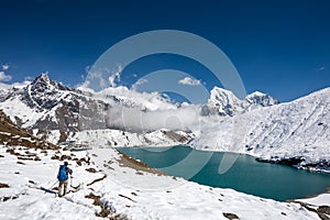 Man is trekking near Gokyo lake in Everest region, Nepal