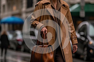 a man in a trenchcoat holding a brown bag. Generative Ai