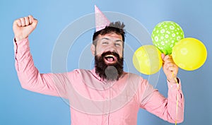 Man with trendy beard celebrating birthday. Daddy greeting kids on special occation, International children day. Bearded