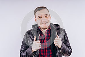 Man in trendy jacket on white background