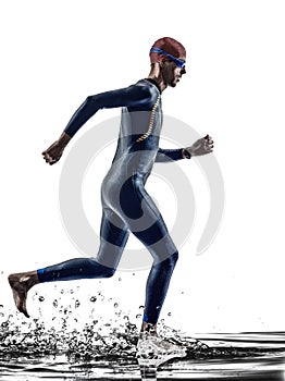 Man triathlon iron man athlete swimmers running