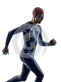 Man triathlon iron man athlete swimmers running