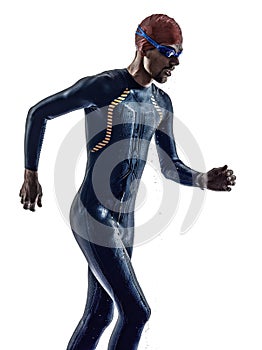 Man triathlon ironman athlete swimmers running