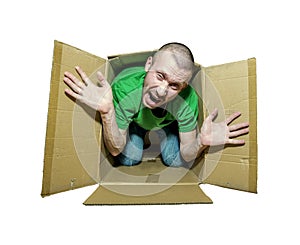 A man tries to escape from the cramped box photo