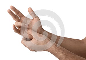 Man with trigger finger condition on white background, closeup