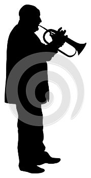 Man with trumpet on stage vector silhouette.