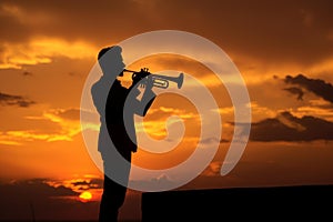 Man trumpet sunset. Generate Ai