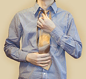 Man try on tie isolated on white background