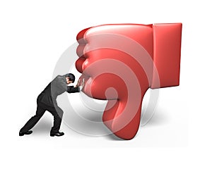 Man try to push down red 3D thumb down