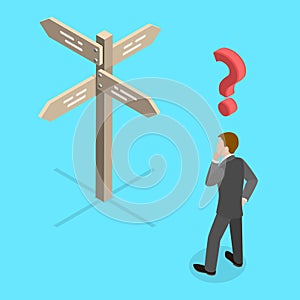 A Man is Trying to Find Right Decision Standing Next to the Crossroad Signpost.