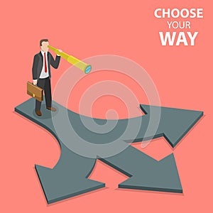 Man is Trying to Find Right Way Standing at the Crossroad. Career or Life Path Choosing, Difficult Business Decision.