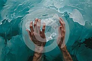 man trying to grab onto a piece of floating ice, with his hands slipping