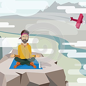 Man trying to meditate on the top of a mountain