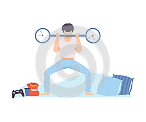 Man is trying to raise a barbell with a clock. Vector illustration.