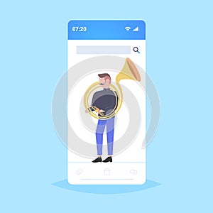 Man tuba player musician playing the baritone jazz mood beautiful voice concept smartphone screen online mobile