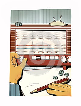 Man tunes the old radio, catches the radio wave. Transmission of classified information. The financial analysis