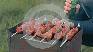 Man Turning Barbecue Grill Meat Outdoors