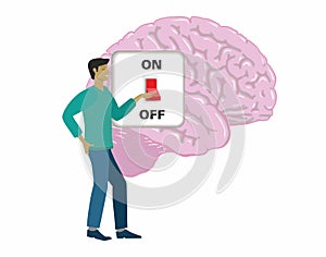 Man turning off brain. Isolated. Vector illustration.