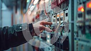 man turning on off the fuse box